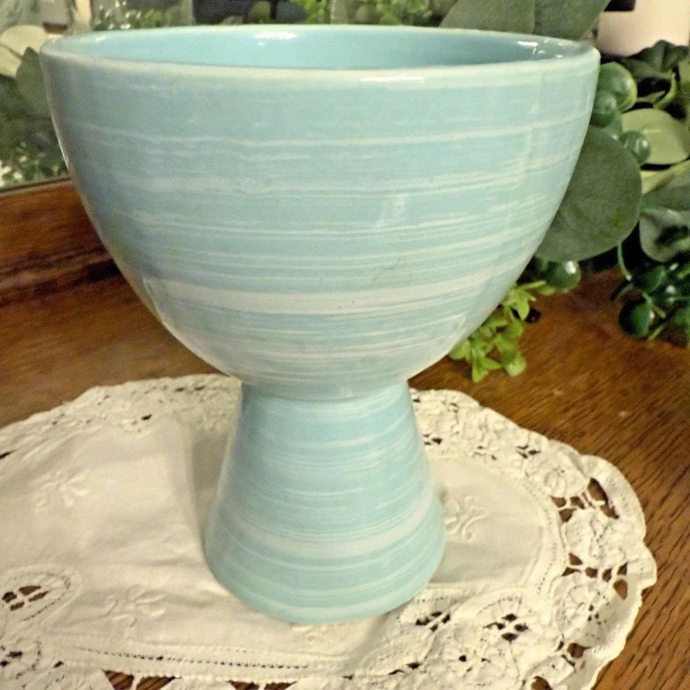Vintage McCoy Aqua Pedestal Planter Turquoise Pottery‎ Compote MCM